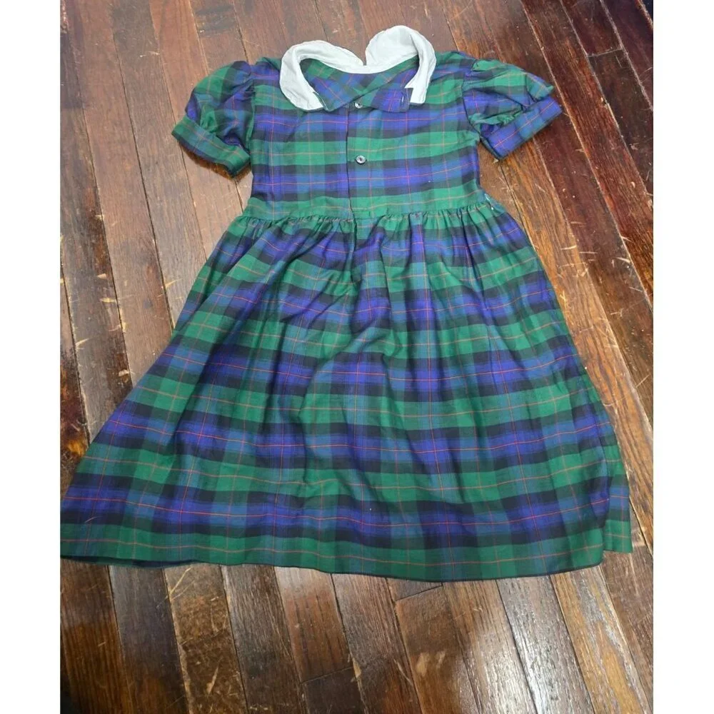 Vintage Girls Blue Green Plaid Dress